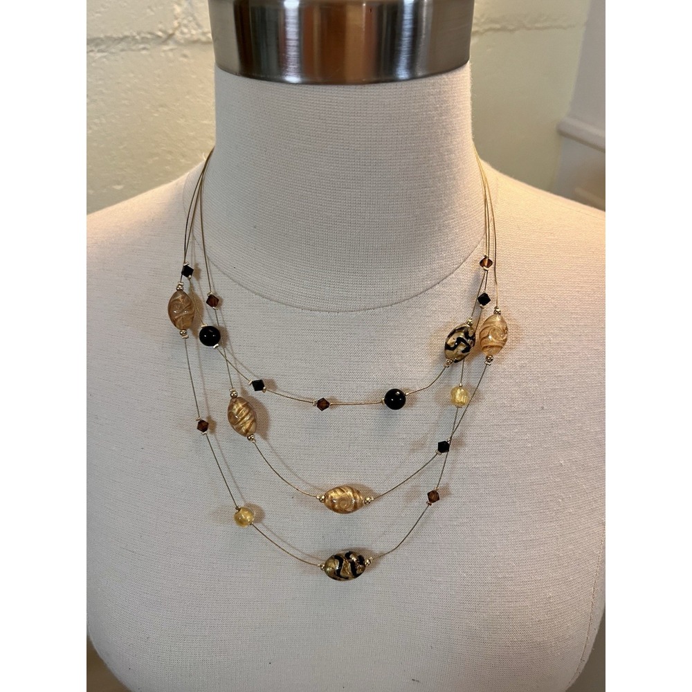 Goldtone‎ with Black & Brown Glass Bead Multi Strand Tiered Necklace 925 Silver